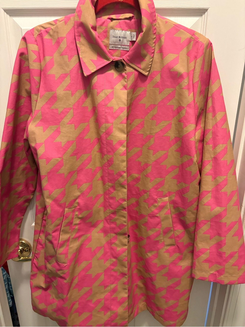 Isaac Mizrahi Pink and Tan Houndstooth Trench Coat